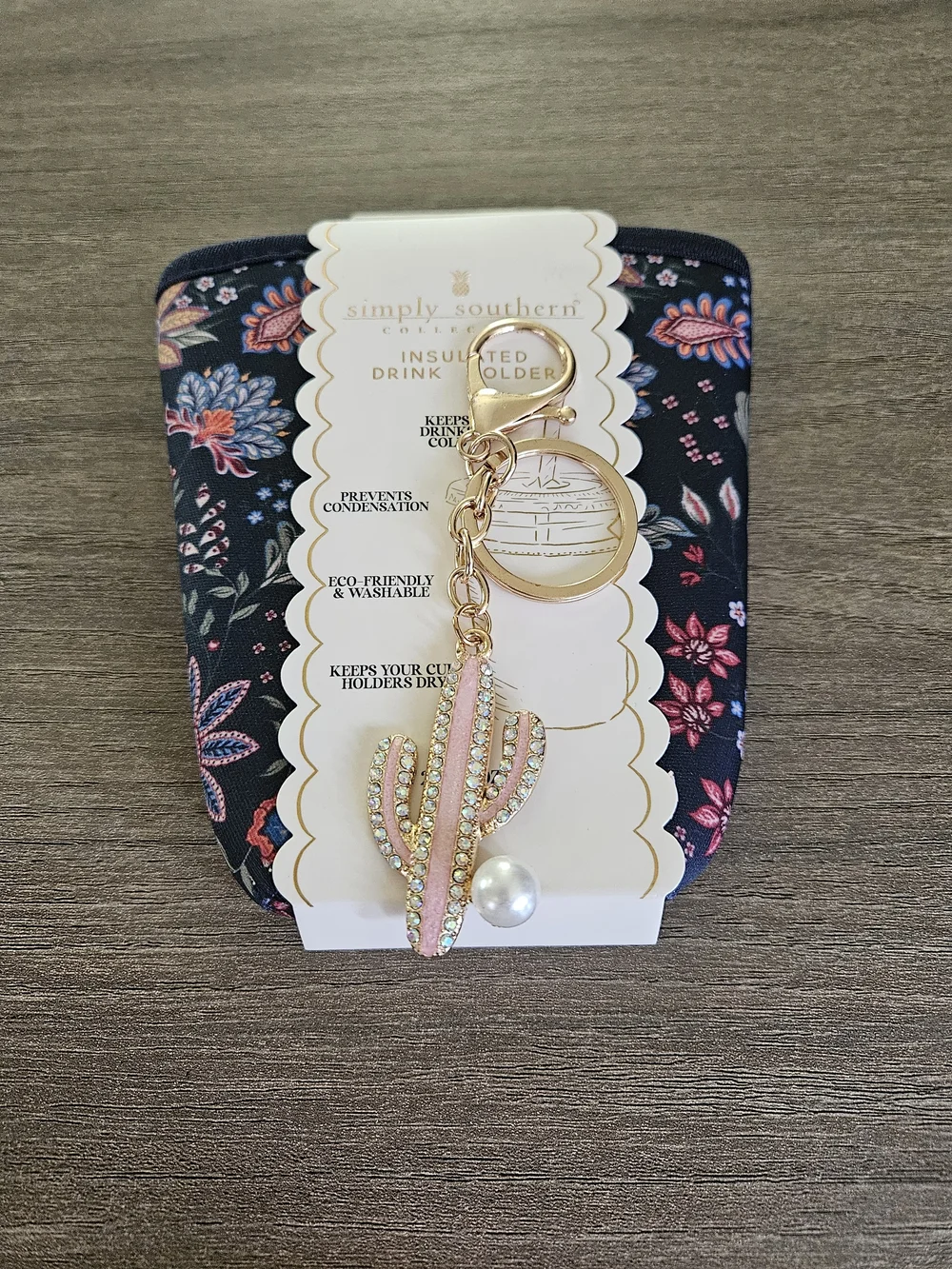 Simply Southern Can Koozie Pink Cactus Keychain with Pearl Accent